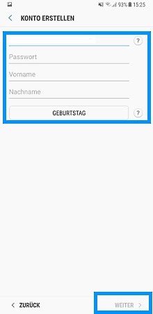 Samsung Account erstellen, Passwort und Namen eingeben