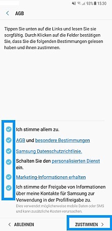 Samsung Account erstellen, AGBs zustimmen