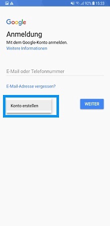 Google Konto auf Samsung Galaxy Note8 anlegen, "Konto erstellen"-Button