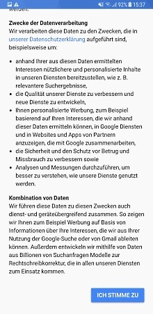 Google Konto auf Samsung Galaxy Note8 anlegen, Datenschutzerklärung