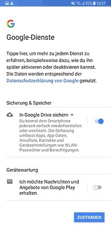 Google Konto auf Samsung Galaxy Note8 anlegen, weitere Google-Dienste