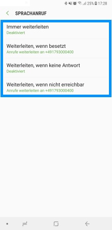 Samsung Galaxy Note 8, Rufumleitung einstellen, Rufumleitungsoptionen auswählen
