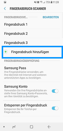 Samsung Galaxy Note8, Fingerabdruck einrichten oder entfernen, Fingerabdruck hinzufügen auswählen