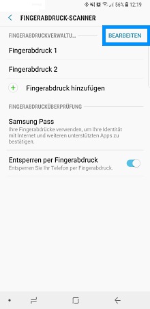 Samsung Galaxy Note8, Fingerabdruck entfernen, Fingerabdruck-Scanner, Bearbeiten auswählen