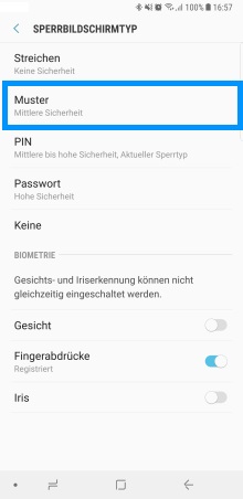 Mustersperre auf Samsung Galaxy Note8 einrichten, Muster