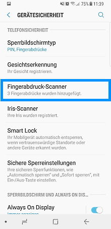 Passwort bei Samsung Galaxy Note8 festlegen, Fingerabdruck-Scanner