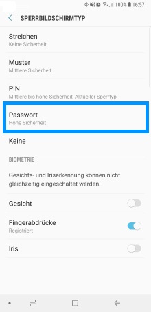 Passwort bei Samsung Galaxy Note8 festlegen, Sperrbildschirmtyp