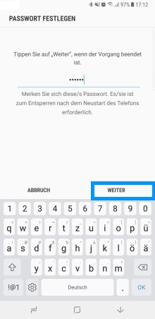 Passwort bei Samsung Galaxy Note8 festlegen, Eingabemaske
