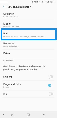 PIN bei Samsung Galaxy Note8 festlegen, Sperrbildschirmtyp