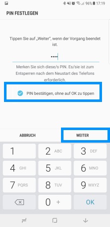 PIN bei Samsung Galaxy Note8 festlegen, Eingabemaske