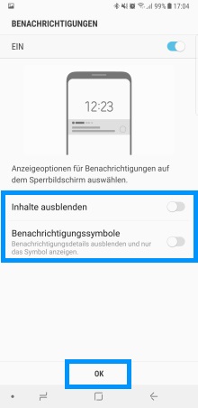 Anzeigeoptionen für Benachrichtigungen aud Sperrbildschirm