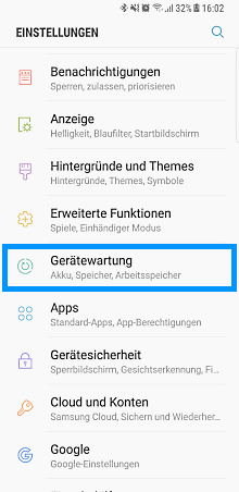 modus auf Samsung Galaxy anpassen, Einstellungen, Gerätewartung