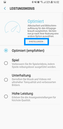 Leistungsmodus auf Samsung Galaxy anpassen, Option "optimiert"