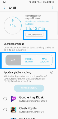 Akkuverbrauch auf Samsung Galaxy regeln, verbleibende Ladezeit