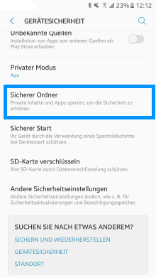 Samsung Galaxy Note 8, Sicherer Ordner, Gerätesicherheit