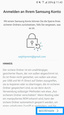 Samsung Galaxy Note 8, Sicherer Ordner, Samsung Konto