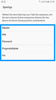 Samsung Galaxy Note 8, Sicherer Ordner, Sperrtyp