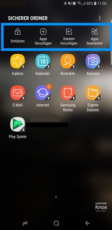 Samsung Galaxy Note 8, Sicherer Ordner, Aktionen