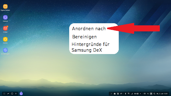 Optionen Startbildschirm Samsung DeX Station, Anordnen nach
