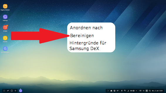 Optionen Startbildschirm Samsung DeX Station, Bereinigen