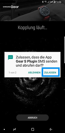 Samsung Gear Smartwatch mit Samsung Galaxy Smartphone verbinden, Berechtigungsanfrage SMS Sendung