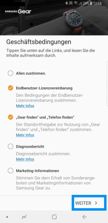 Samsung Gear Smartwatch mit Samsung Galaxy Smartphone verbinden, Geschäftsbedingungen zustimmen