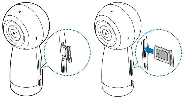 Wie lege ich die Speicherkarte ein und lade die Samsung Gear 360 (2017)?