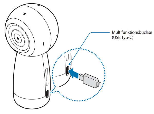 Wie lege ich die Speicherkarte ein und lade die Samsung Gear 360 (2017)?