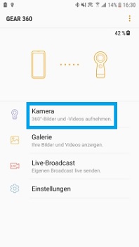Wie nutze ich die App Samsung Gear 360, um Videos und Fotos aufzunehmen?