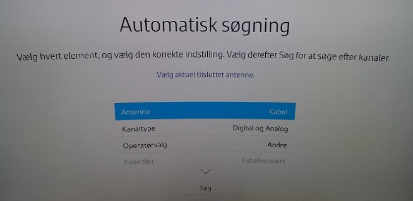 Indstil søgeværdier, Antenne til Kabel, Kanaltype og Operatør valg