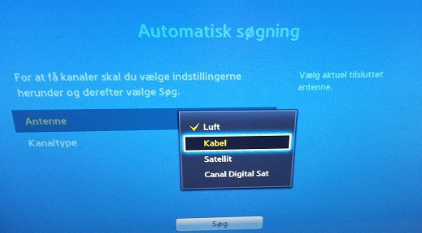 Vælg Antenne type, f.eks. Kabel