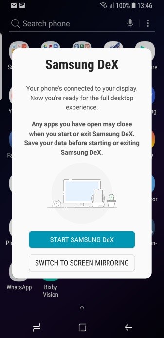 Valige ekraanirežiim, mida soovite kasutada. Saate valida Samsung DeX režiimi või ekraani peegeldamise režiimi
