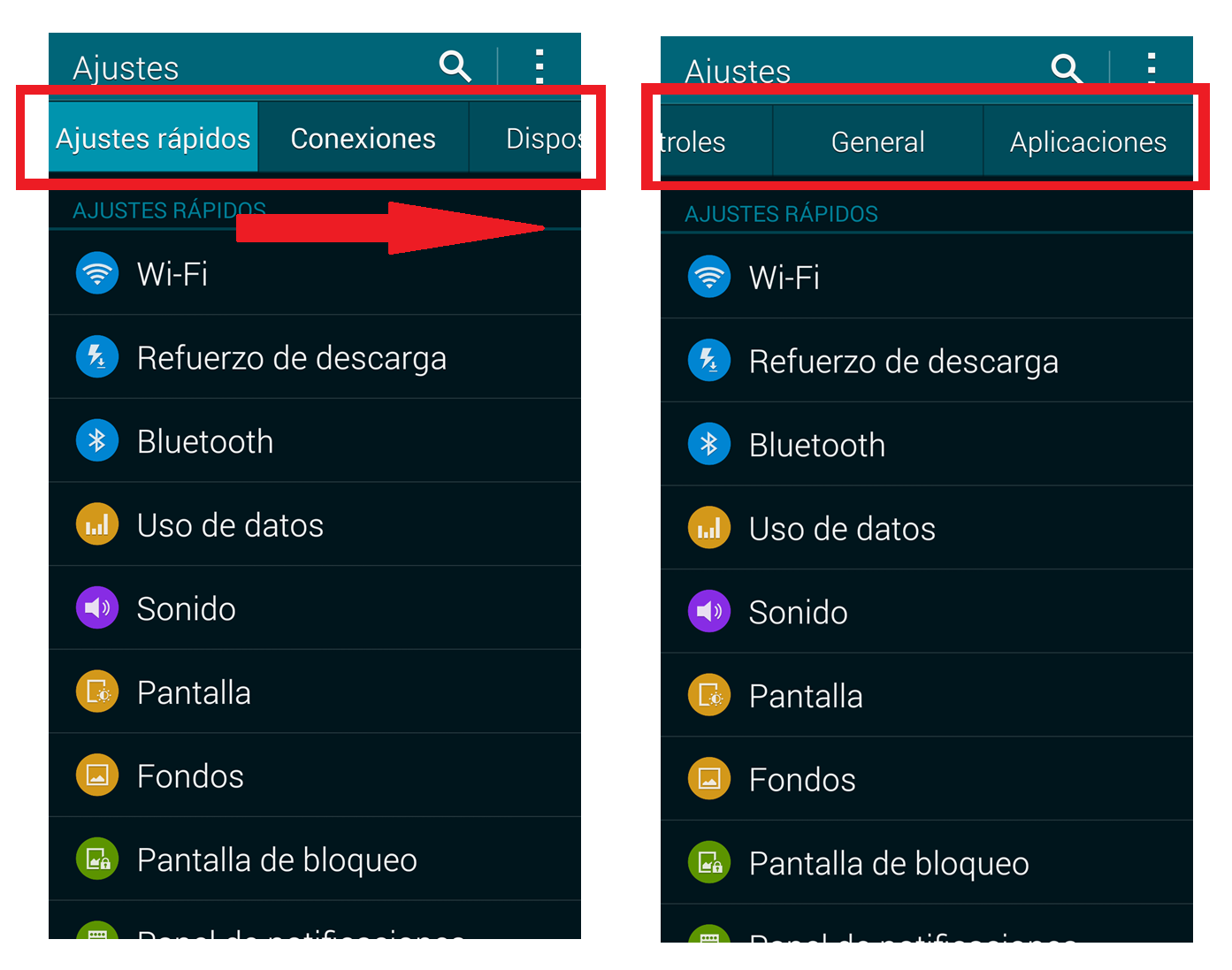 Galaxy S5: Menú de “Ajustes”. ¿Puedo cambiar la vista del menú?