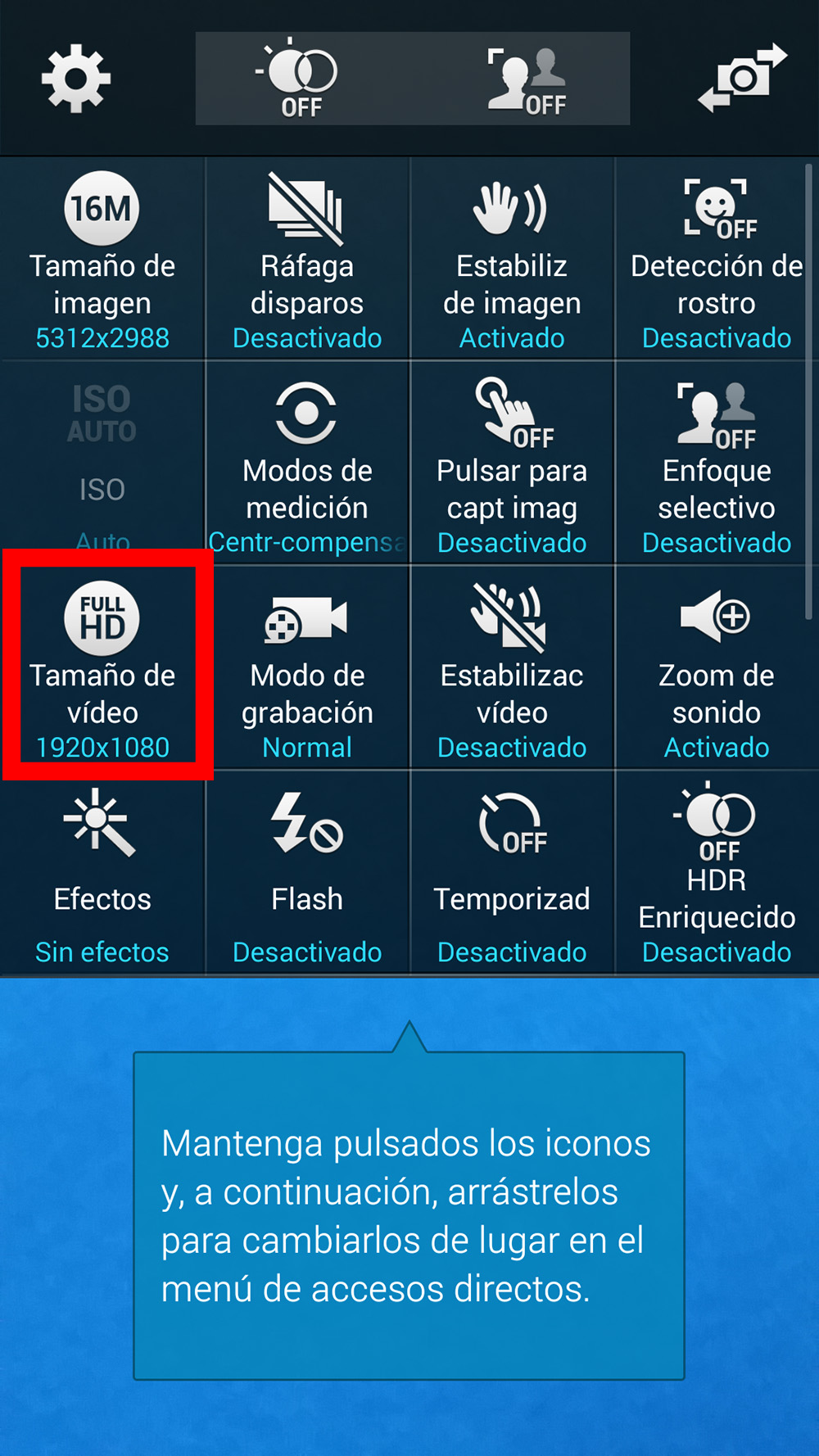 Galaxy S5: ¿Cómo cambio la resolución de grabación de la cámara trasera?