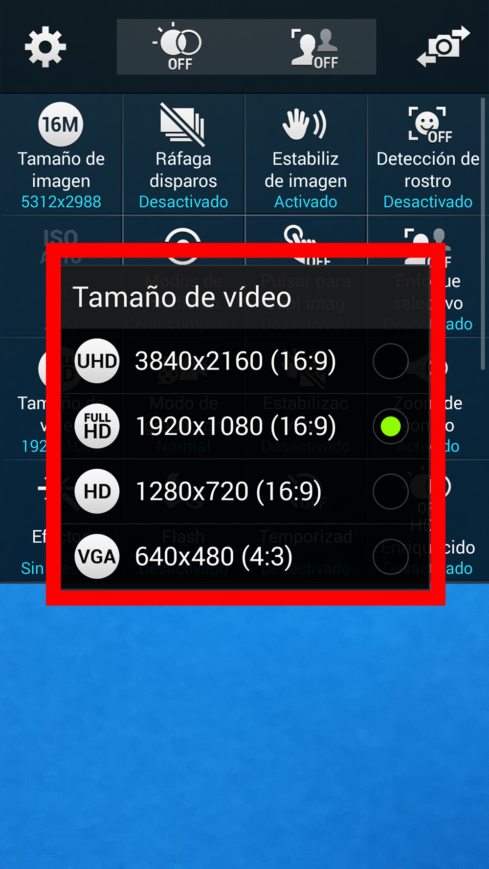 Galaxy S5: ¿Cómo cambio la resolución de grabación de la cámara trasera?