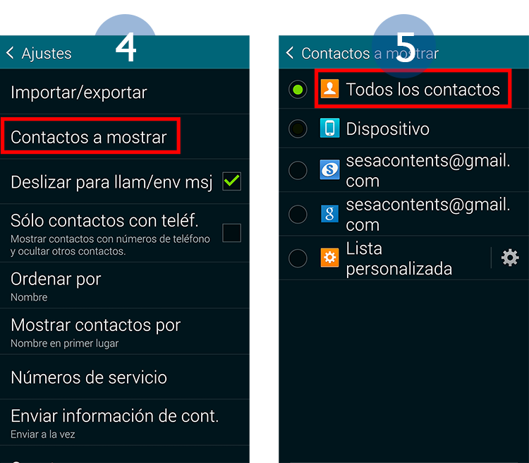 Solo se muestran los contactos con número de teléfono. ¿Qué hago para verlos todos?
