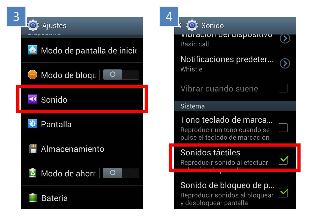 Galaxy Core: ¿Cómo puedo quitar el sonido que se produce cuando pulso sobre la pantalla?