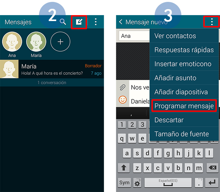 Galaxy S5: ¿Puedo programar el envío de un mensaje para una hora determinada?
