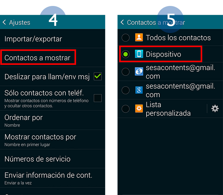 Galaxy S5: ¿Cómo elijo que contactos me aparecen en la agenda?