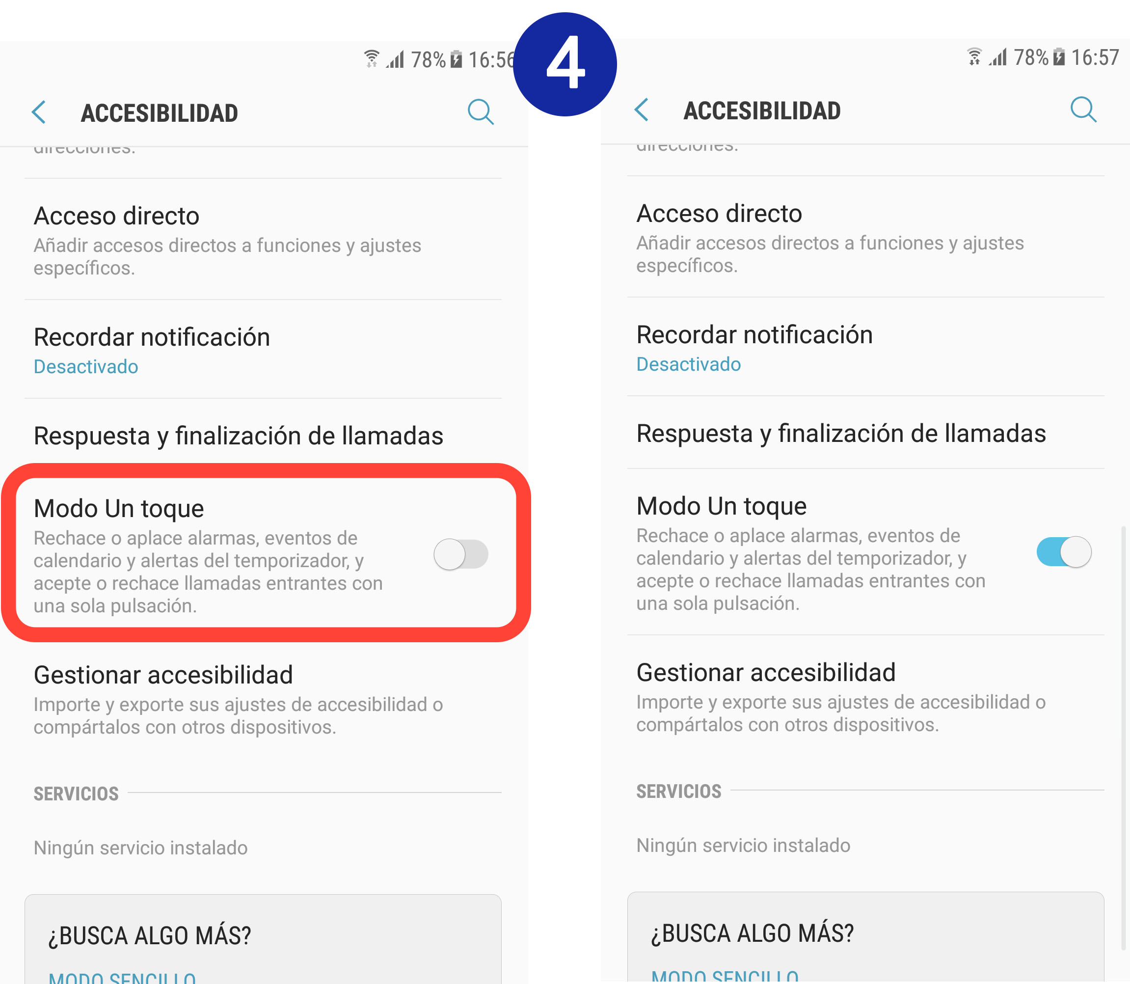 Movemos hacia la derecha el interruptor situado junto a “Modo un toque” para activar la función
