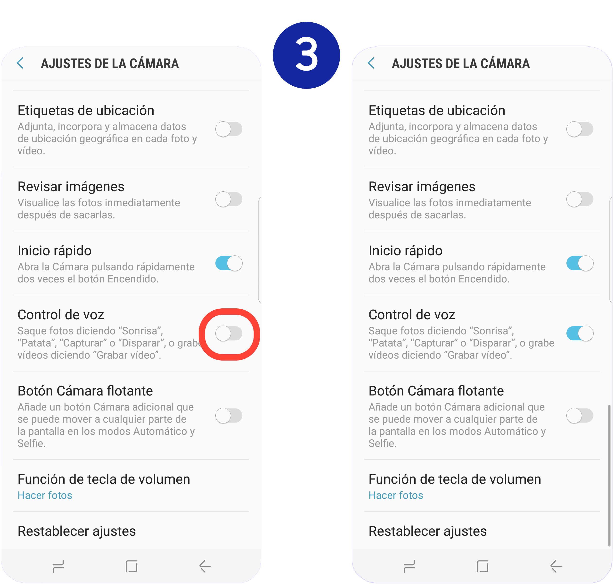 Nos desplazamos hasta "Control de voz" y movemos hacia la derecha el interruptor que se encuentra junto a la función