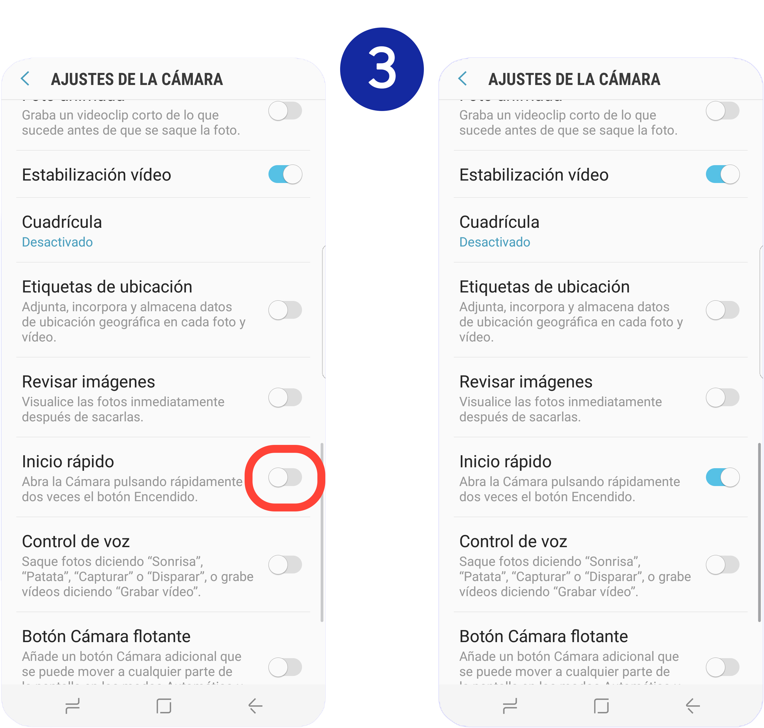 Nos desplazamos hasta "Inicio rápido" y movemos hacia la derecha el interruptor que se encuentra junto a la función