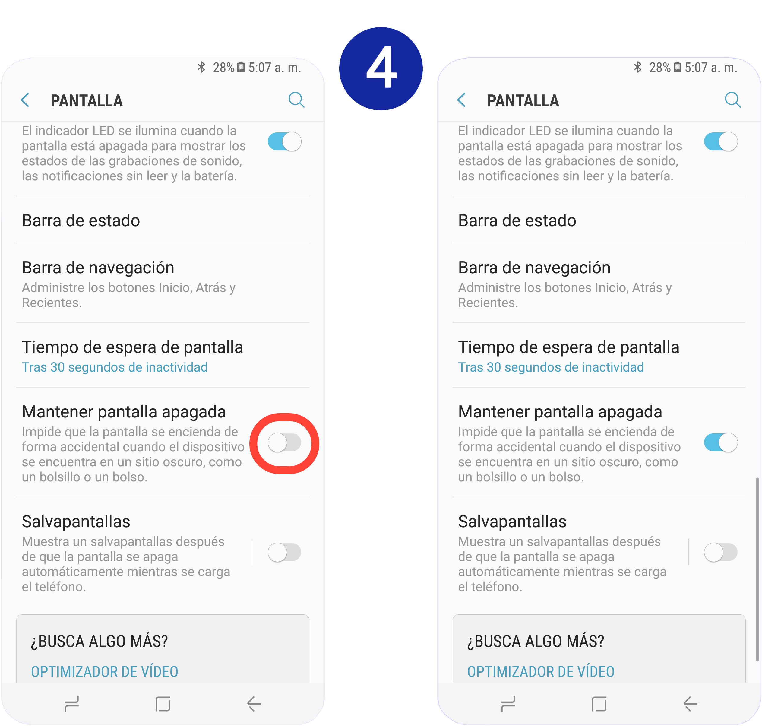 Nos desplazamos hasta "Mantener pantalla apagada" y movemos hacia la derecha el interruptor que se encuentra junto a esta función
