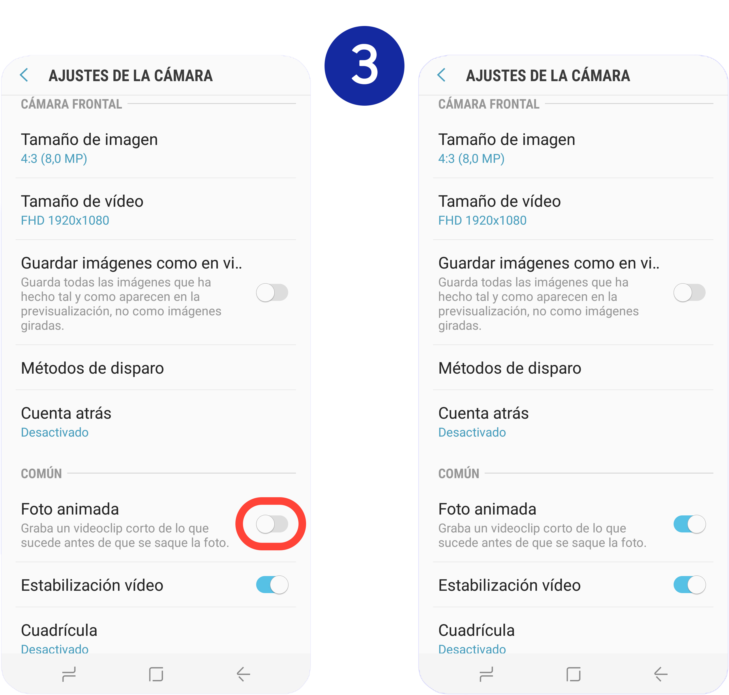 Movemos hacia la derecha el interruptor situado junto a "Foto animada" para activar la función