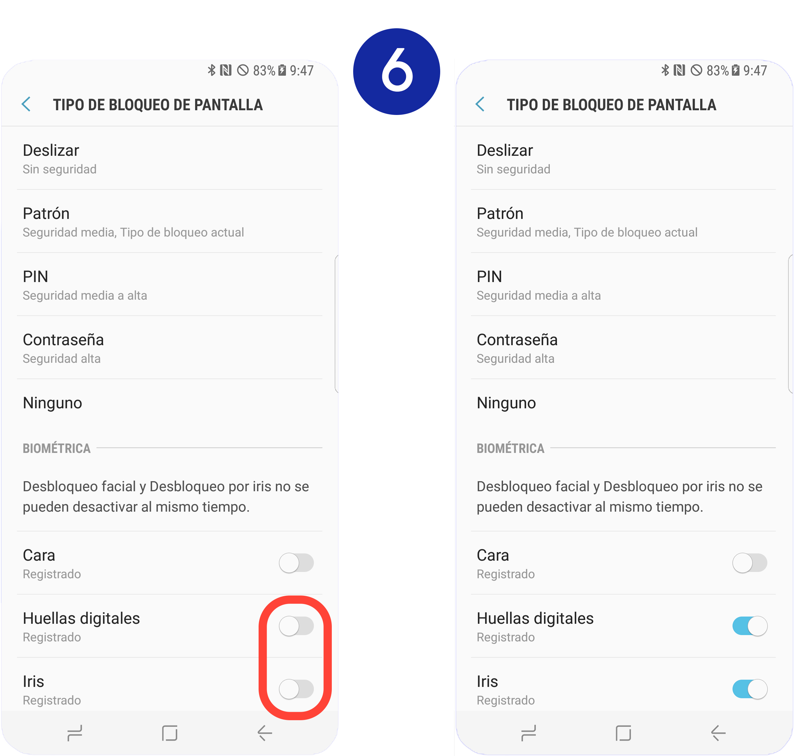 Movemos hacia la derecha los interruptores situados junto a "Iris" y "Huellas digitales"