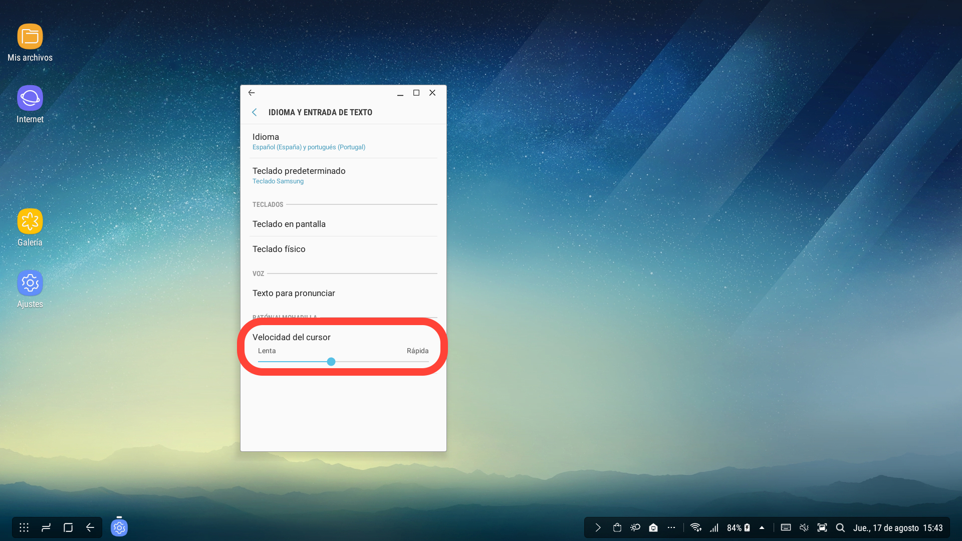 Presionamos a lo largo de la barra situada debajo de “Velocidad del cursor” para configurar la velocidad