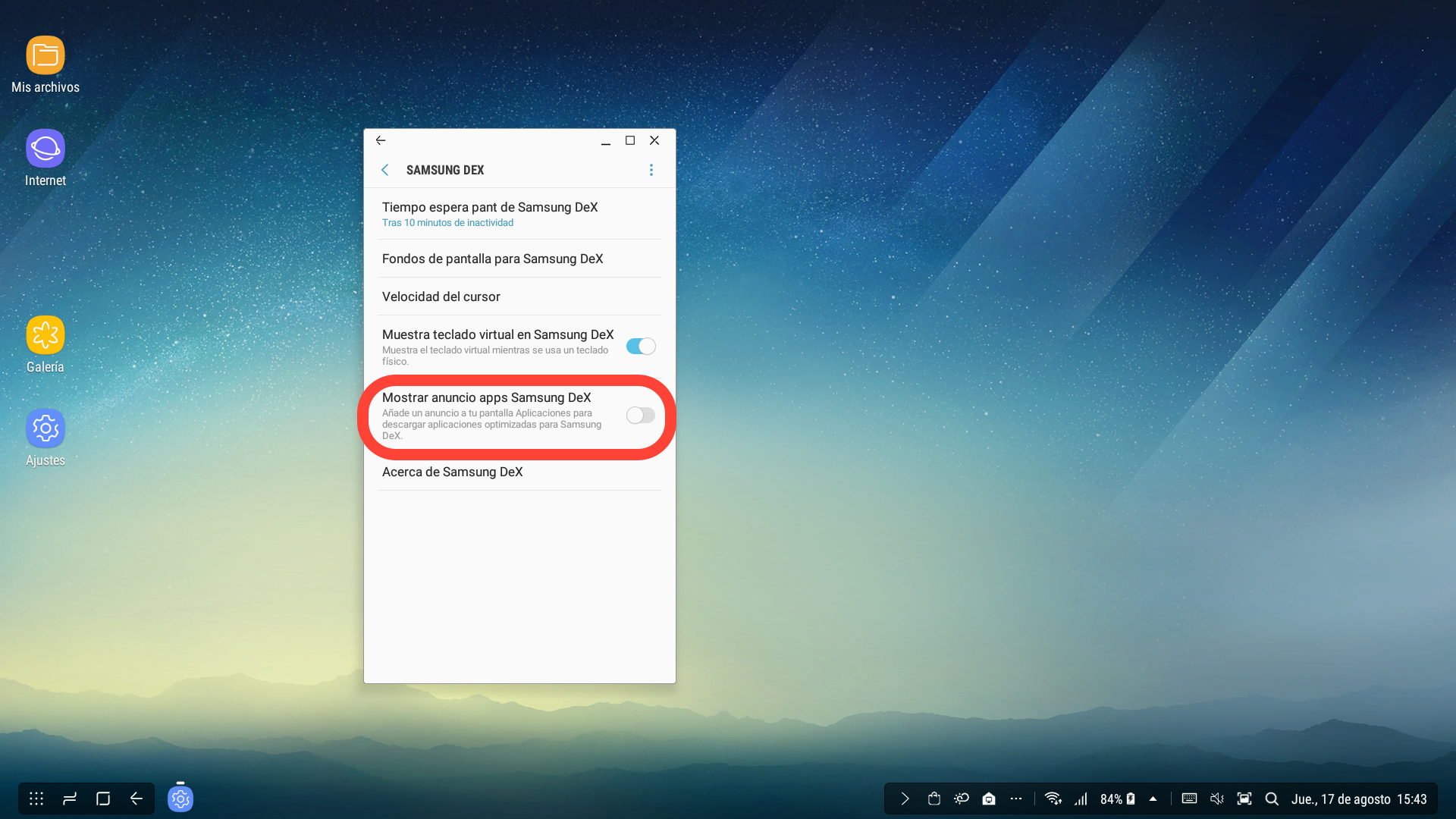 Activamos el interruptor junto a “Mostrar anuncio apps Samsung DeX”