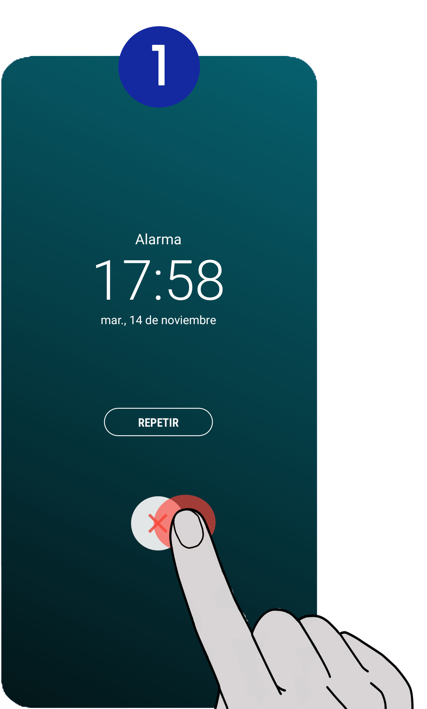 Para detener una alarma, tocamos con el dedo en la ‘’X’’ que aparece en la parte de abajo de la pantalla