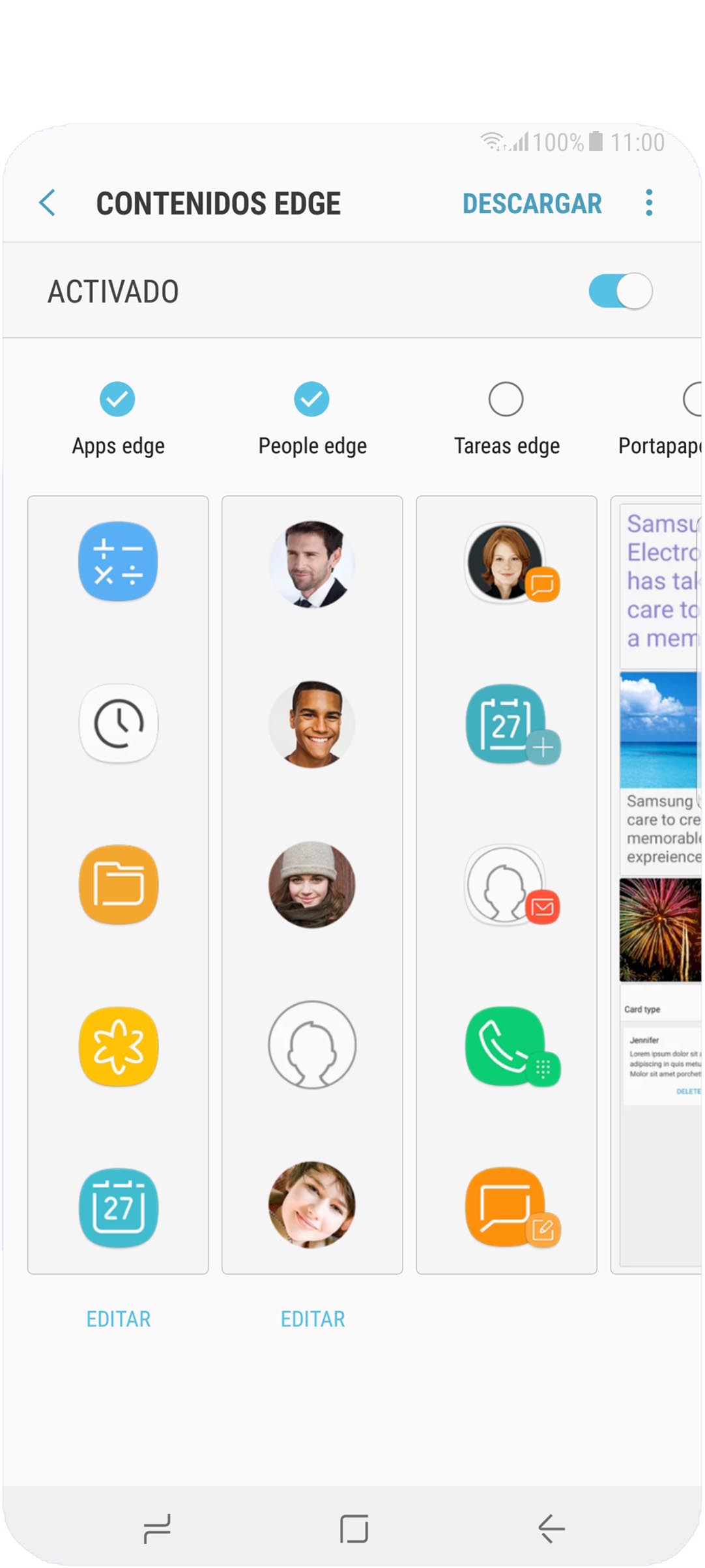 Nuestro Galaxy Note8 nos permite añadir o quitar un panel de contenido edge
