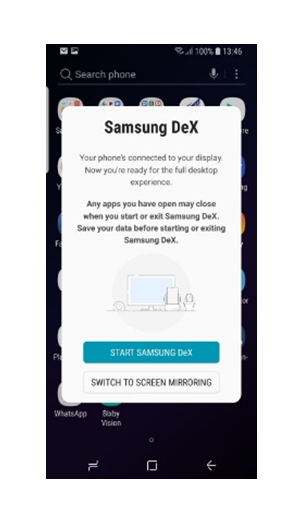 Selecciona el modo de pantalla que deseas usar. Puedes seleccionar el modo Samsung DeX o el modo Screen mirroring